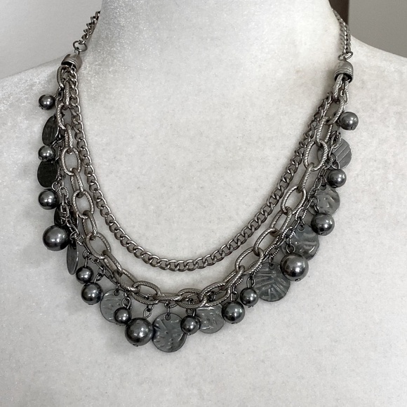 Silver Rocker Rebel Edgy Layered Bead Discs Coins Textured Chain Necklace - Picture 4 of 16